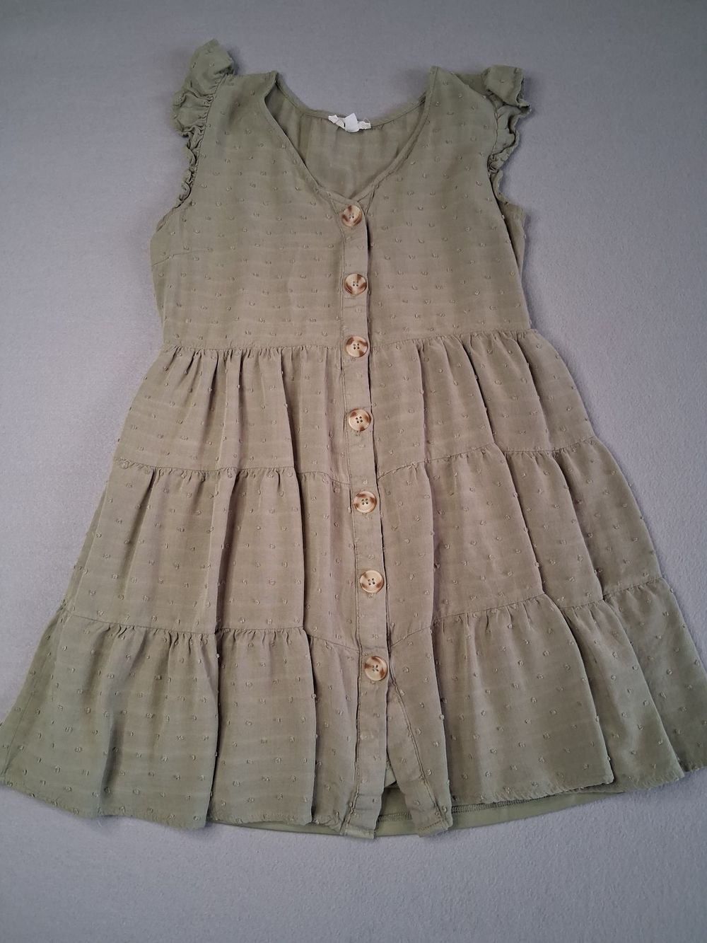 E&M Sage Green Swiss Dot Tiered Babydoll Dress Small Boho Cottagecore Rayon - Picture 5 of 8